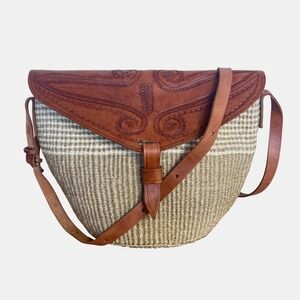 Vintage Handcrafted Sisal African Leather Tooled Straw Handbag Market Bag Purse‎